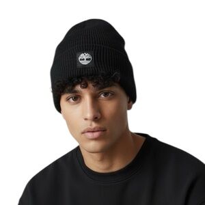 Timberland Black Patch Logo Ski Cap - Ribbed Cuff 100% Acrylic Knit         O